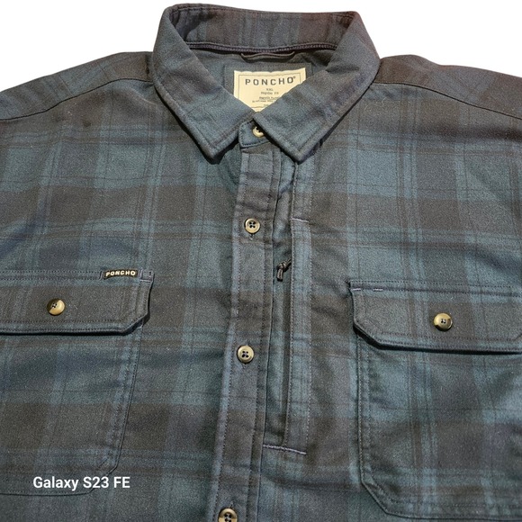 Poncho Men XXL Reg Fit Cascade Shirt Magnetic Pockets Blue Green Plaid Flannel - Picture 4 of 10